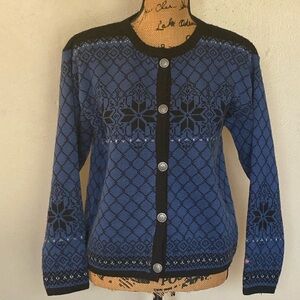 Norkswear Blue Black Fair Isle 100% Wool Button Cardigan Sweater Norway Womens M